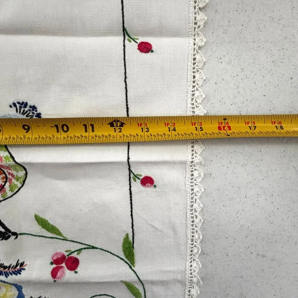 Cottagecore Embroidered Peacock Dresser Scarf Table Runner Vintage 50s Heirloom